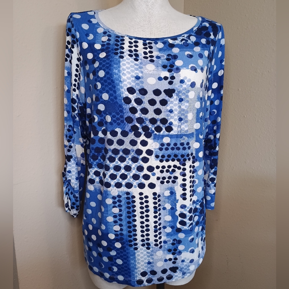 Chicos Blue Polka Dot Patterned Top Size 2